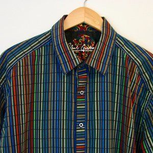 Robert Graham Mens Blue Striped Flip Cuff Embroidered Bicycle Shirt Size XL